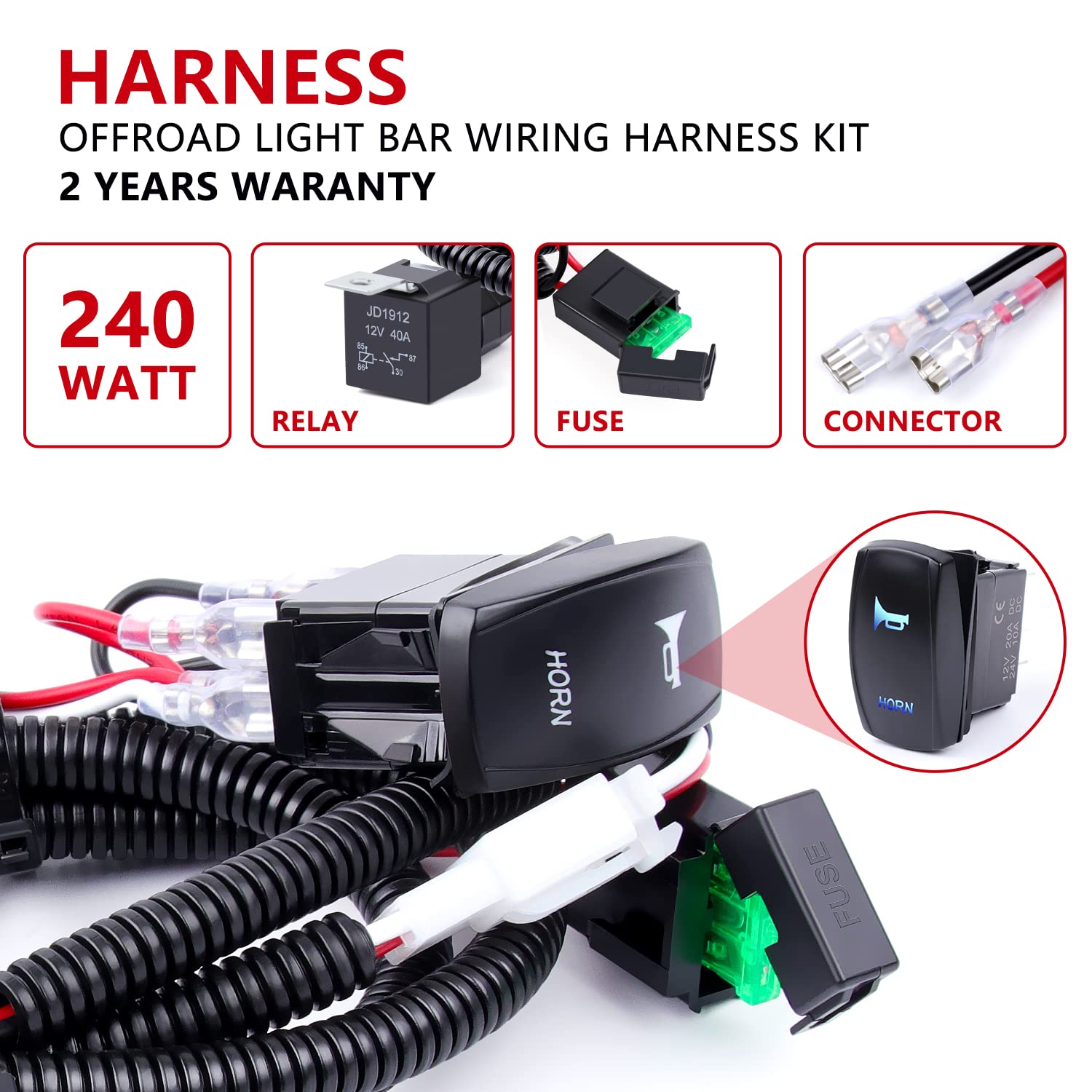 Laser Horn Rocker Switch Harness kit, Newdeli 12V 20A Waterproof Horn Wiring Harness Kit, LED Illuminated Backlit On/Off Toggle Switch + Relay Wiring Harness Kit for Truck Car Boat SUV ATV UTE 4X4 - Image 4