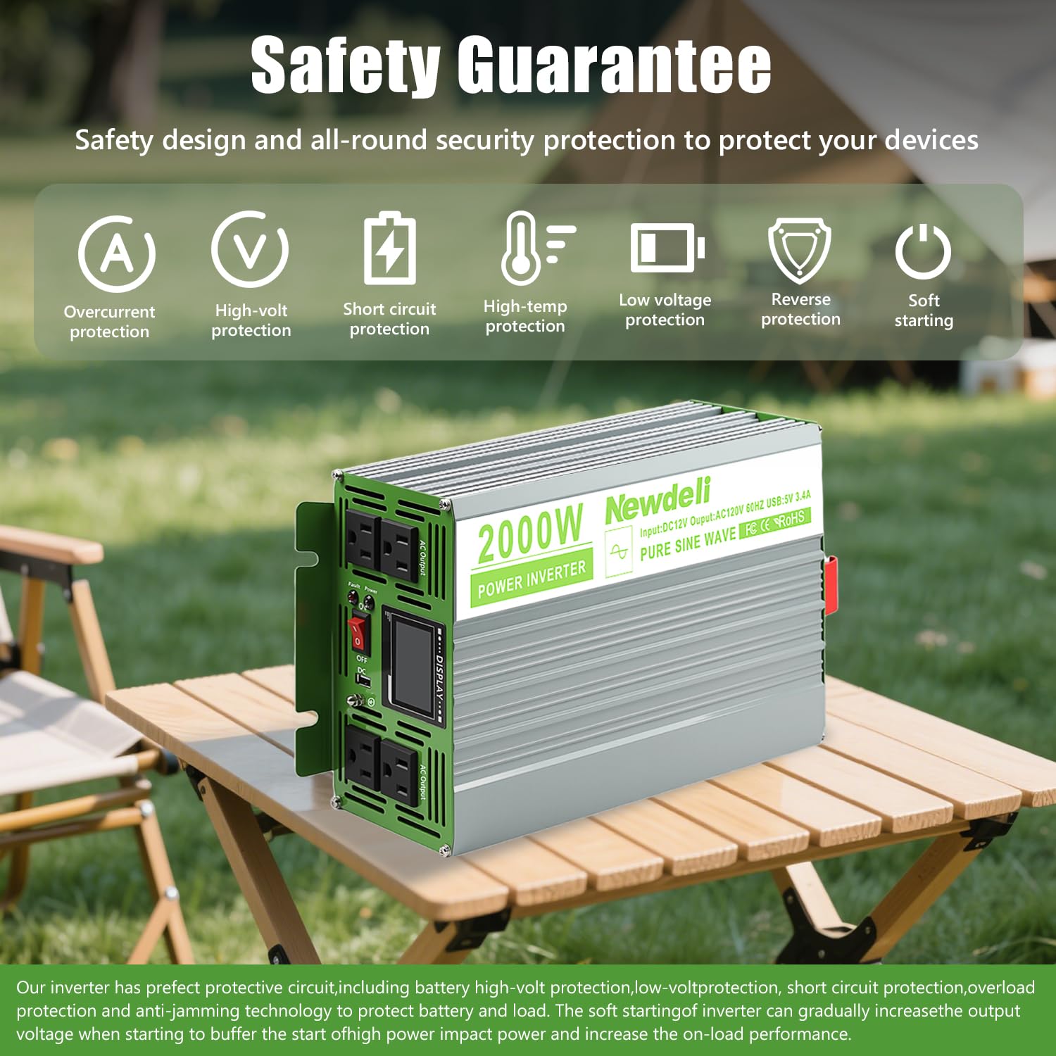 Newdeli 2000 Watt Power Inverter 12V DC to 110V 120V AC Pure Sine Wave Inverter with LCD Display, Remote Controller, 4 AC Outlets and 5V 3.4A USB Port for Vehicles Car Truck RV Solar System Camping - Image 3