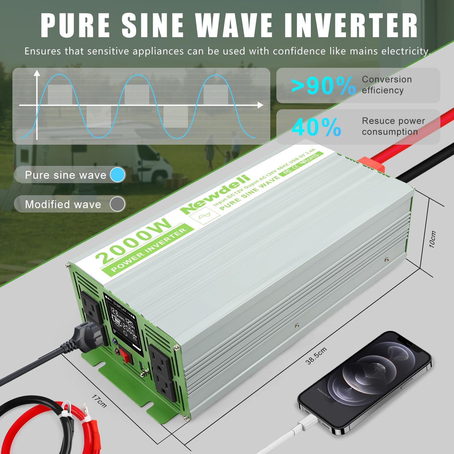 Newdeli 2000 Watt Power Inverter 12V DC to 110V 120V AC Pure Sine Wave Inverter with LCD Display, Remote Controller, 4 AC Outlets and 5V 3.4A USB Port for Vehicles Car Truck RV Solar System Camping - Image 5