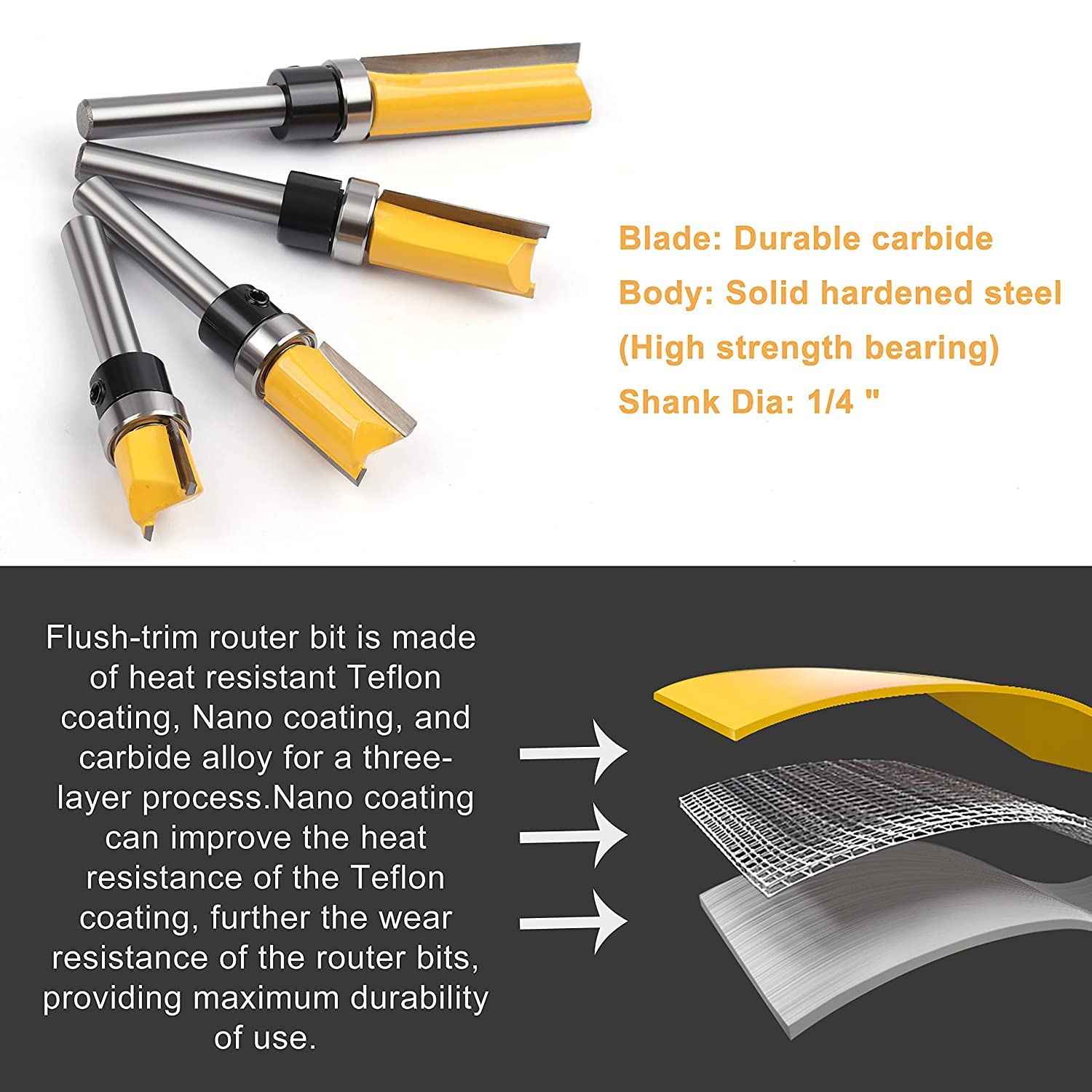 Newdeli 8PCS Flush Trim Router Bit Set 1/4 Inch Shank - 4pcs Top Bearing Flush Trim Router Bits and 4pcs Pattern Flush Trim Router Bits -Template Guide Woodworking Milling Cutter Tool - Image 8